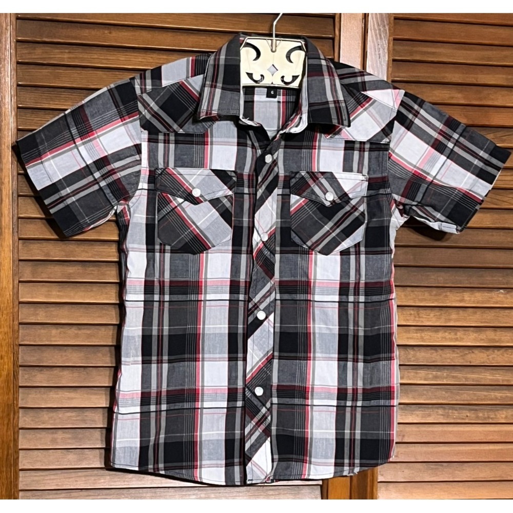 GIOBERTI Boys Plaid Western Snap Shirt Short Sleeve Black Gray Red 6